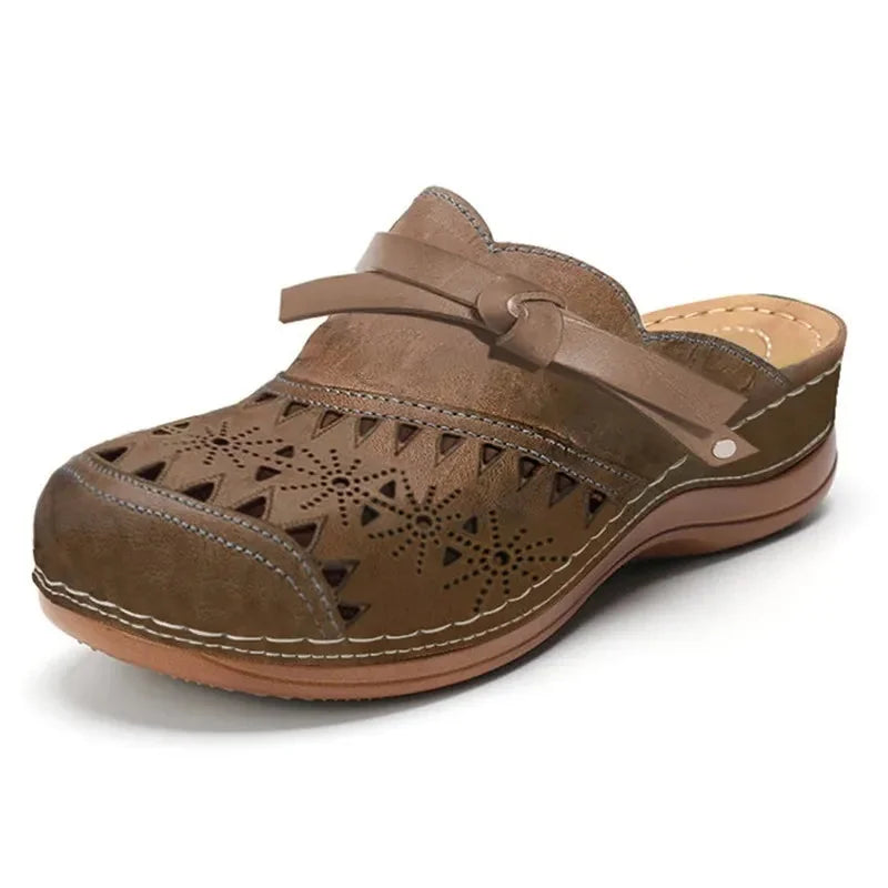 Brown Women's Perforated Wedge Clogs — Indigo Cushioned Buckle-Strap Cutout - Profile View