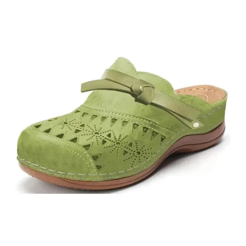 Green Women's Perforated Wedge Clogs — Indigo Cushioned Buckle-Strap Cutout - Studio White