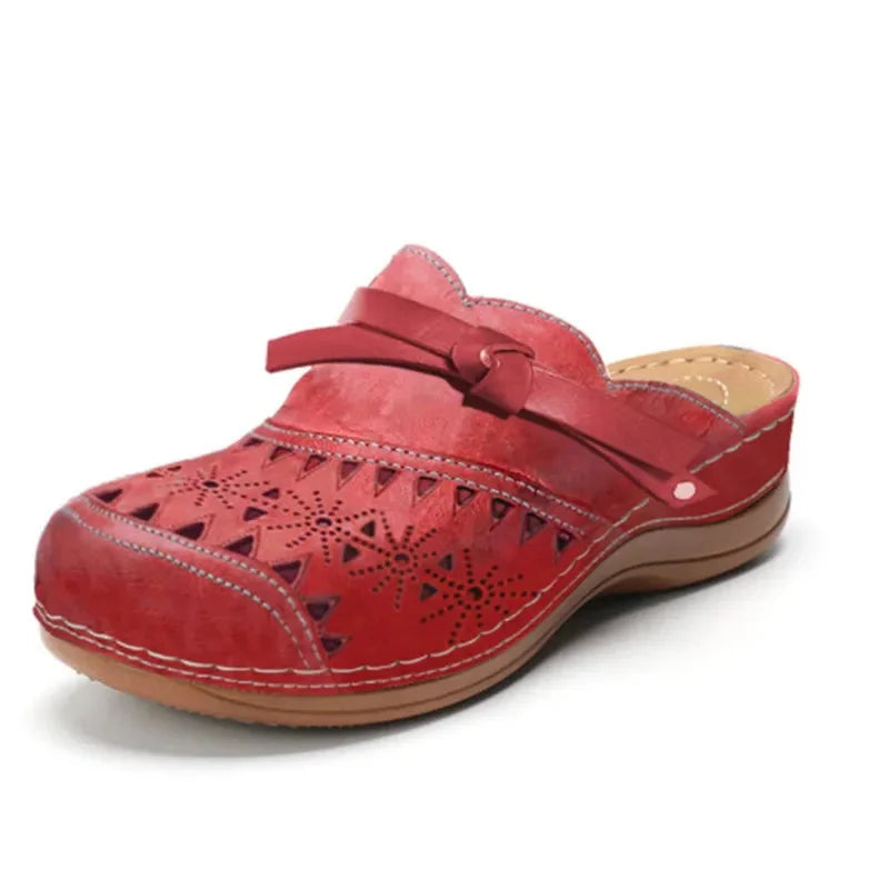 Red Women's Perforated Wedge Clogs — Indigo Cushioned Buckle-Strap Cutout - Side Angle