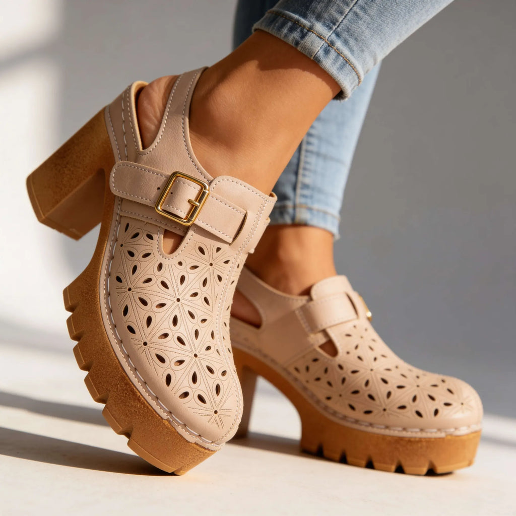 Beige Women's Chunky Platform Clogs — Leah Faux Leather Buckle Cutout - Close Up Texture