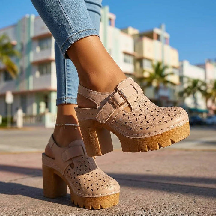 Beige Women's Chunky Platform Clogs — Leah Faux Leather Buckle Cutout - Crossed Ankle Pose