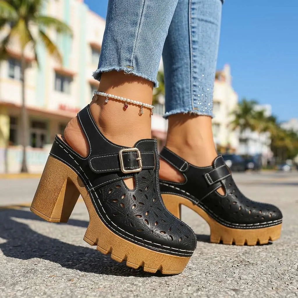 Black Women's Chunky Platform Clogs — Leah Faux Leather Buckle Cutout - Outdoor Stride