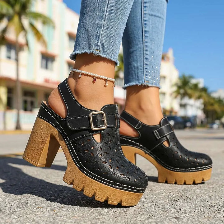 Black Women's Chunky Platform Clogs — Leah Faux Leather Buckle Cutout - Outdoor Stride