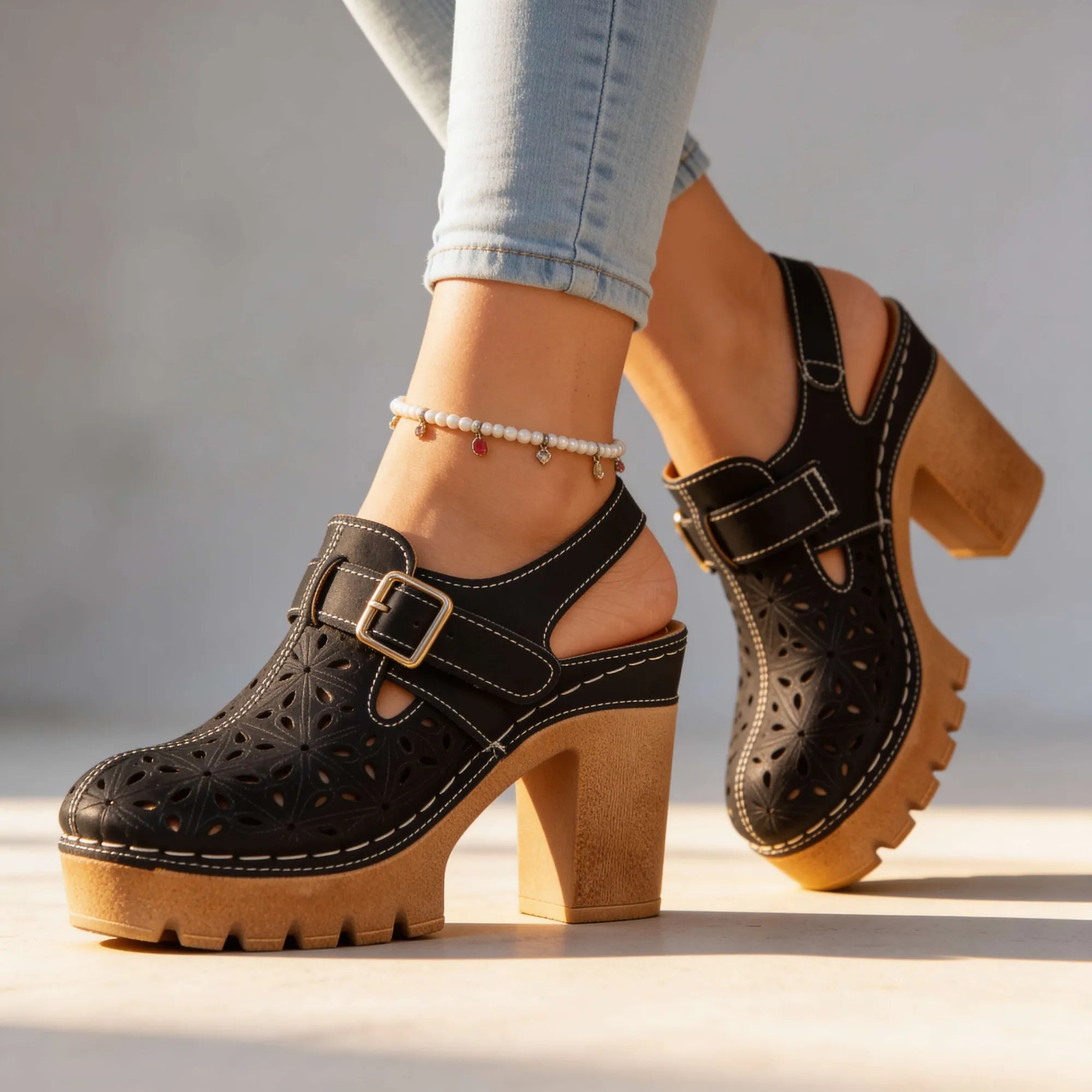 Black Women's Chunky Platform Clogs — Leah Faux Leather Buckle Cutout - Studio Cross Pose