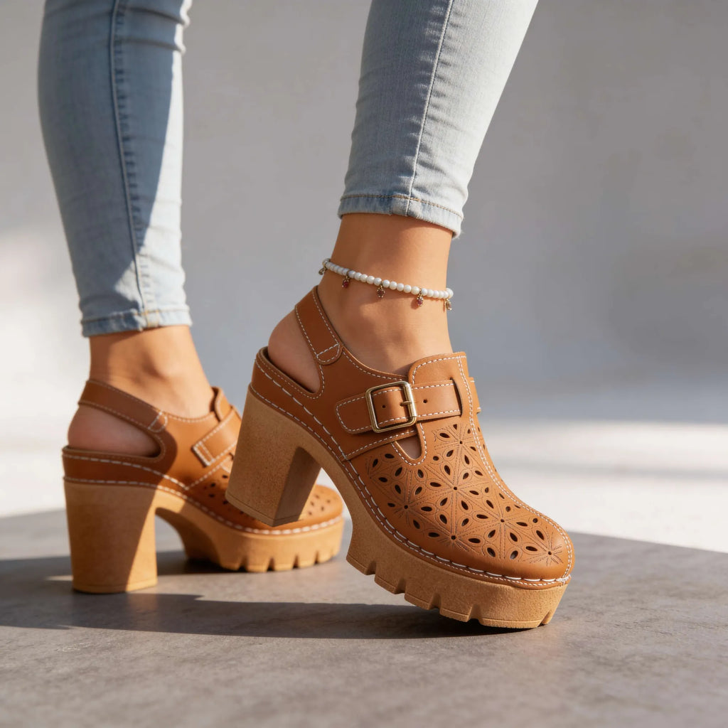 Brown Women's Chunky Platform Clogs — Leah Faux Leather Buckle Cutout - Outdoor Side Pose