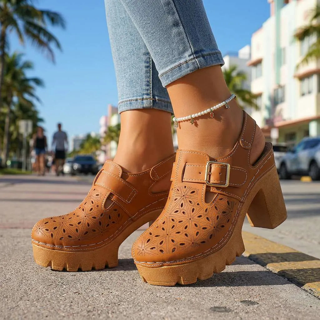 Brown Women's Chunky Platform Clogs — Leah Faux Leather Buckle Cutout - Street Walking