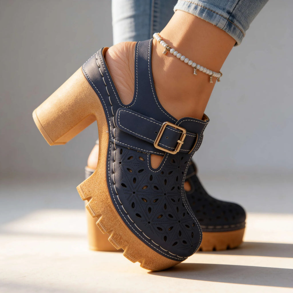 Navy Women's Chunky Platform Clogs — Leah Faux Leather Buckle Cutout - Heel Close Up
