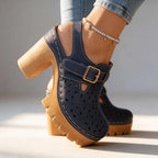 Navy Women's Chunky Platform Clogs — Leah Faux Leather Buckle Cutout - Heel Close Up