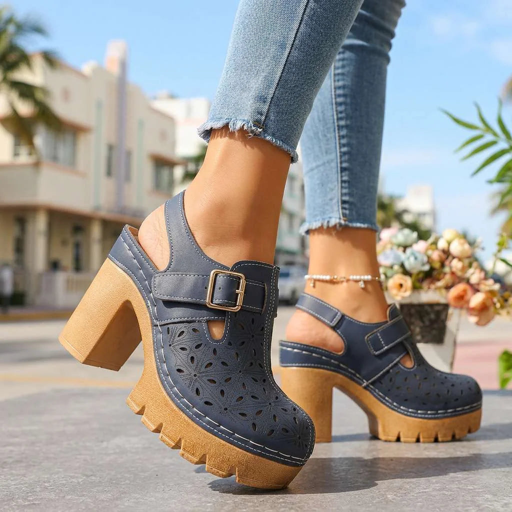 Navy Women's Chunky Platform Clogs — Leah Faux Leather Buckle Cutout - Tiptoe Pose