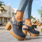 Navy Women's Chunky Platform Clogs — Leah Faux Leather Buckle Cutout - Tiptoe Pose