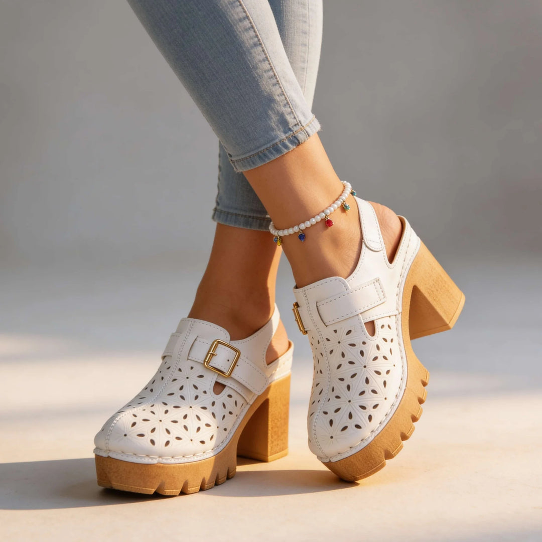 White Women's Chunky Platform Clogs — Leah Faux Leather Buckle Cutout - Studio Front Pose