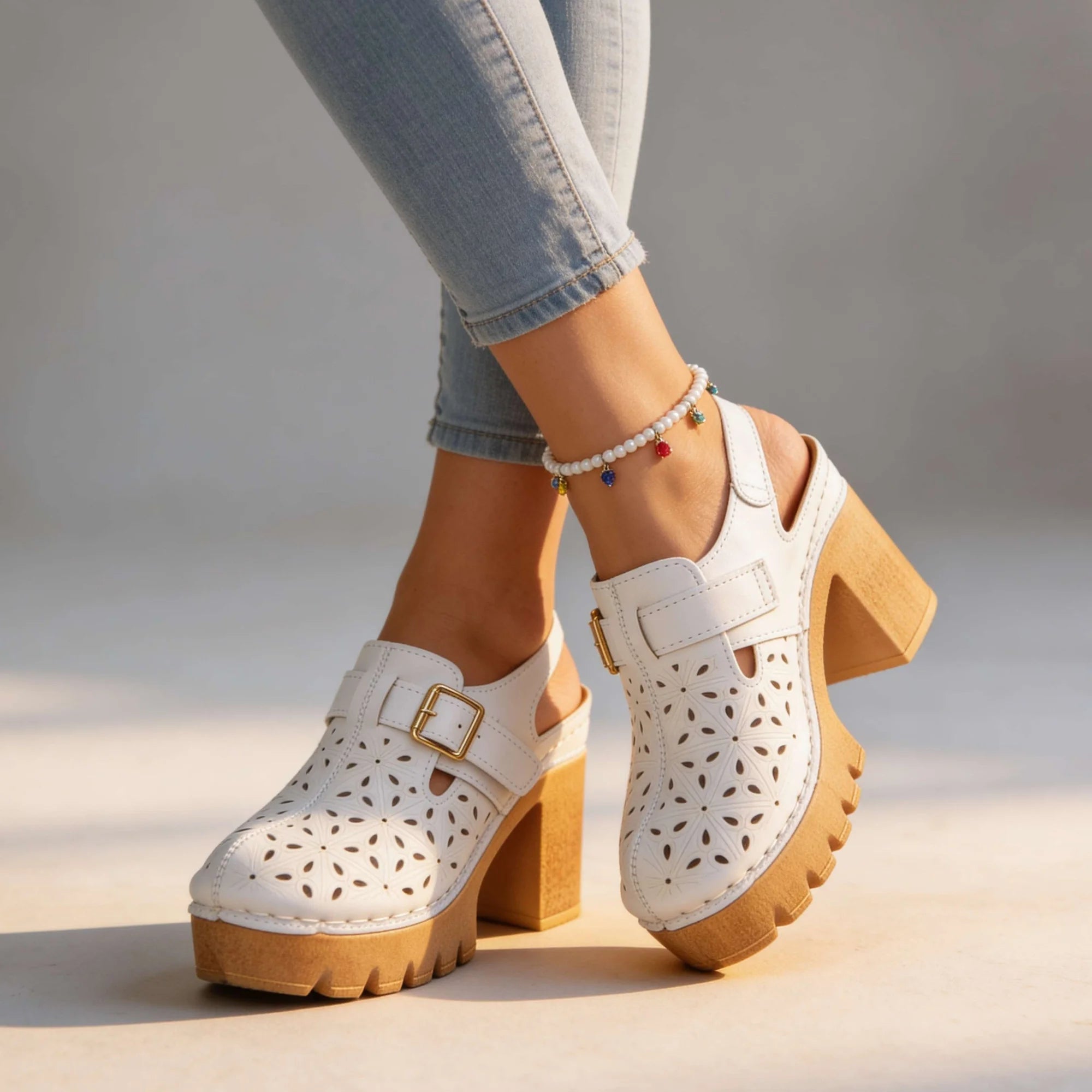 White Women's Chunky Platform Clogs — Leah Faux Leather Buckle Cutout - Studio Front Pose