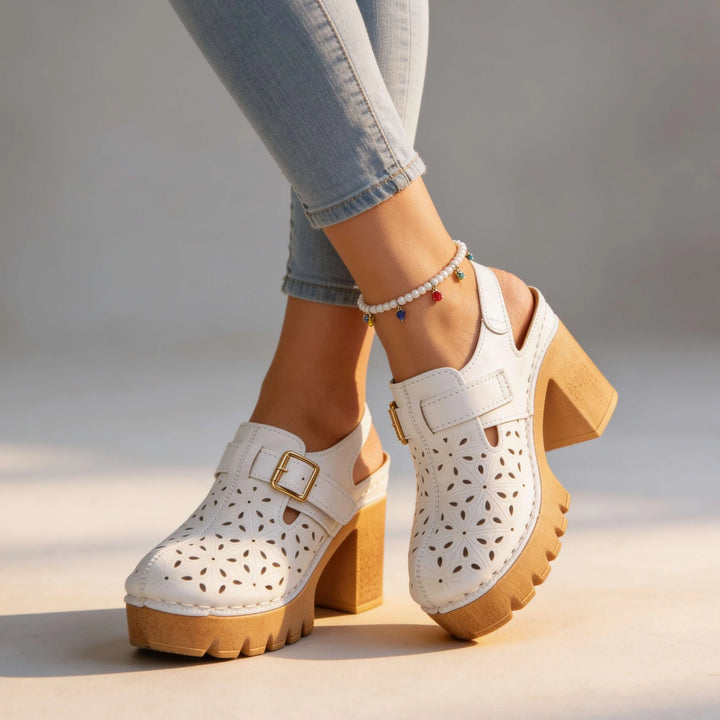 White Women's Chunky Platform Clogs — Leah Faux Leather Buckle Cutout - Studio Front Pose