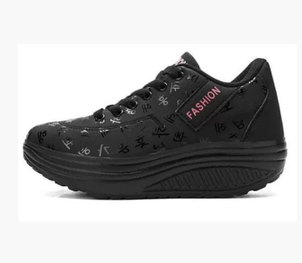 Black Women's Platform Wedge Sneakers — Irina Everyday Lace-Up Cushioned - Side Profile