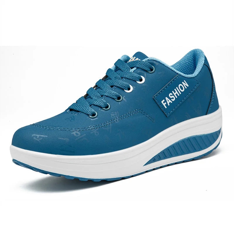 Blue Women's Platform Wedge Sneakers — Irina Everyday Lace-Up Cushioned - Side Pose