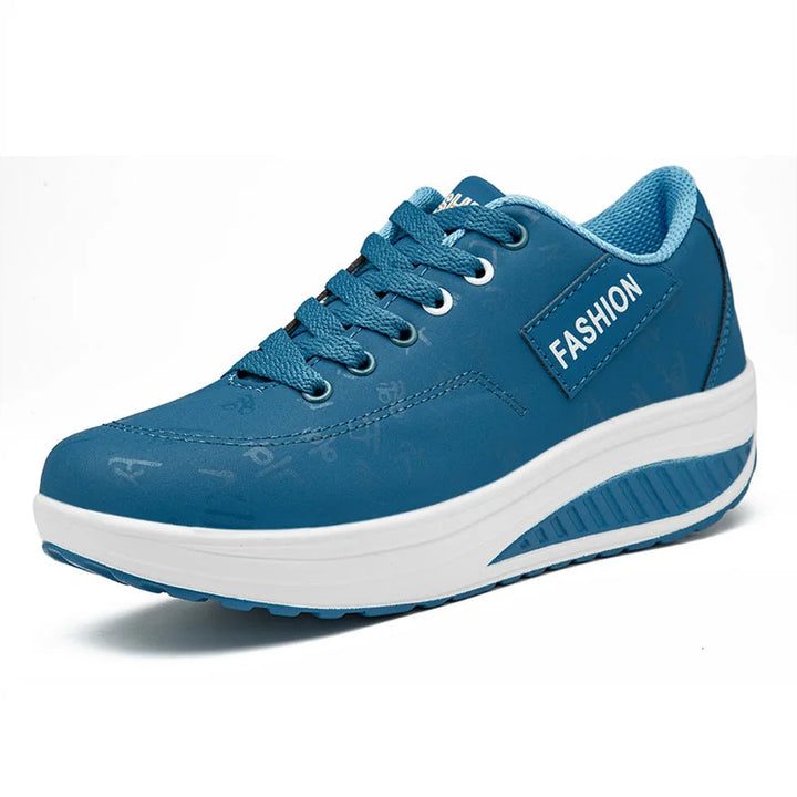 Blue Women's Platform Wedge Sneakers — Irina Everyday Lace-Up Cushioned - Side Pose