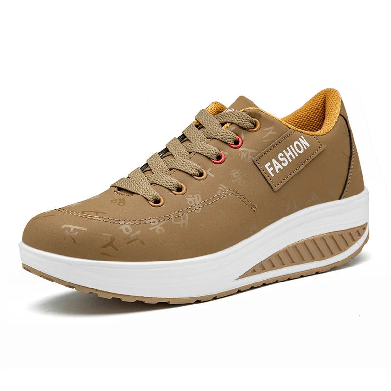 Brown Women's Platform Wedge Sneakers — Irina Everyday Lace-Up Cushioned - Close Up Detail