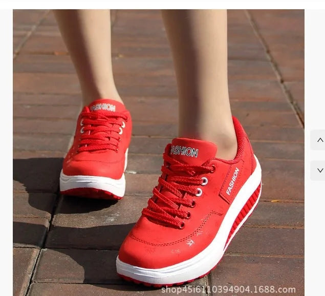 Red Women's Platform Wedge Sneakers — Irina Everyday Lace-Up Cushioned - Worn Lifestyle