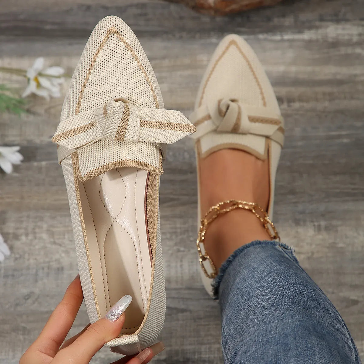 Beige Women's Pointed Toe Ballet Flats — Violet Slip-On Bow-Knot Knit - Top Down Pair