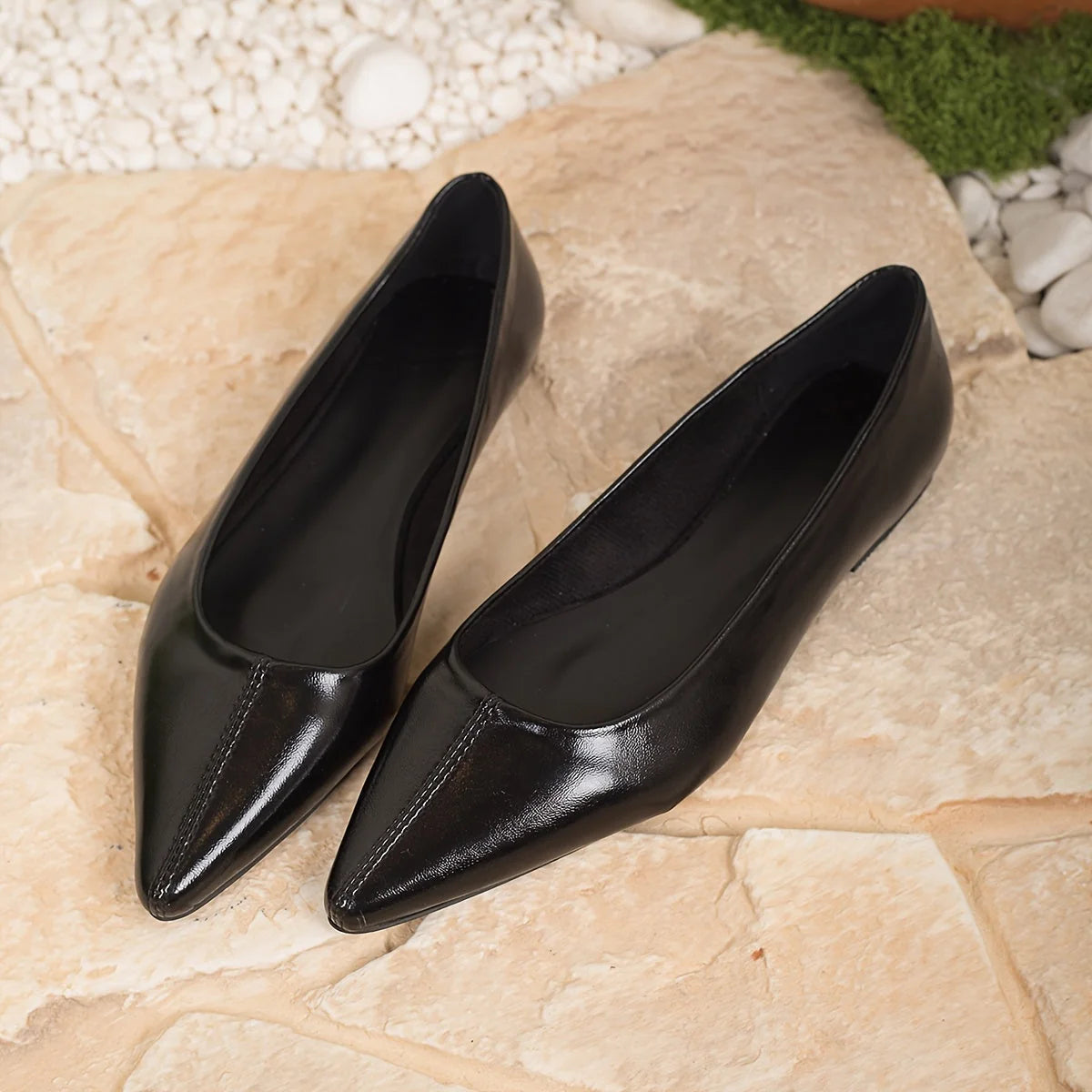 Black Women's Pointed Toe Ballet Flats — Gracie Cushioned Slip-On Leather - Top Down Pair