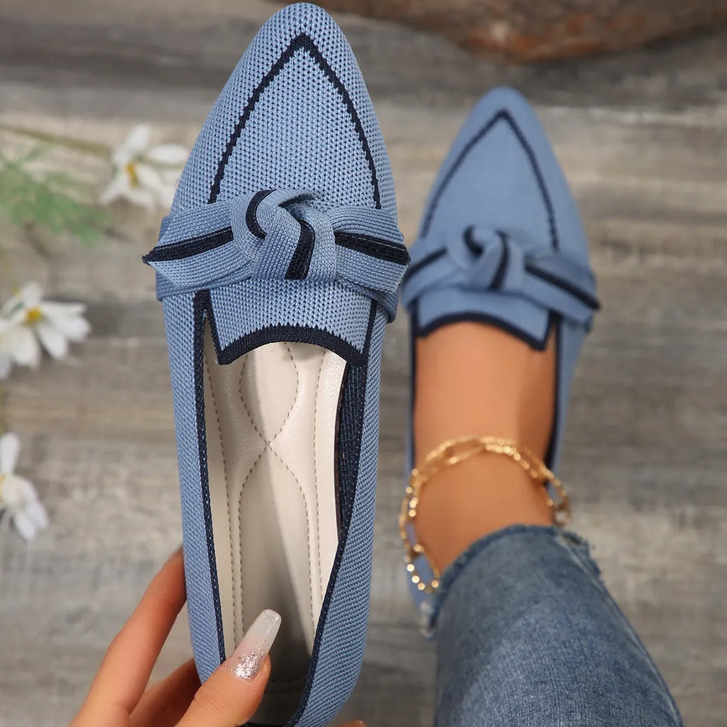 Blue Women's Pointed Toe Ballet Flats — Violet Slip-On Bow-Knot Knit - Close Up Pair Detail