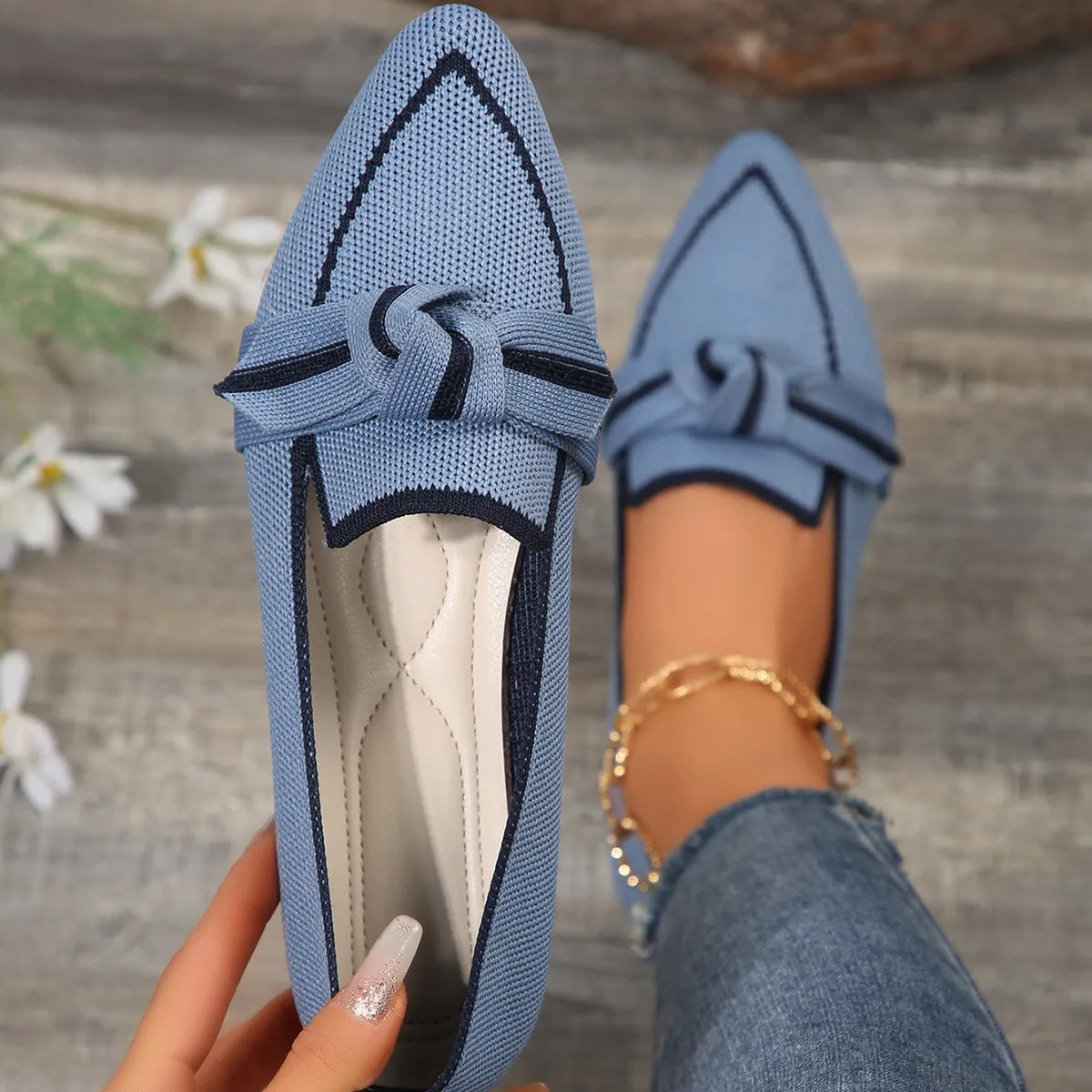 Blue Women's Pointed Toe Ballet Flats — Violet Slip-On Bow-Knot Knit - Close Up Pair Detail