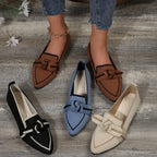 Brown Women's Pointed Toe Ballet Flats — Violet Slip-On Bow-Knot Knit - Group Lifestyle Flatlay