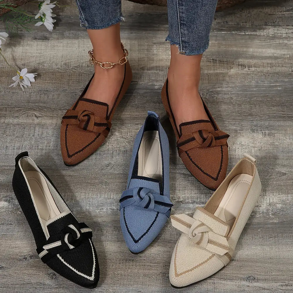 Brown Women's Pointed Toe Ballet Flats — Violet Slip-On Bow-Knot Knit - Group Lifestyle Flatlay