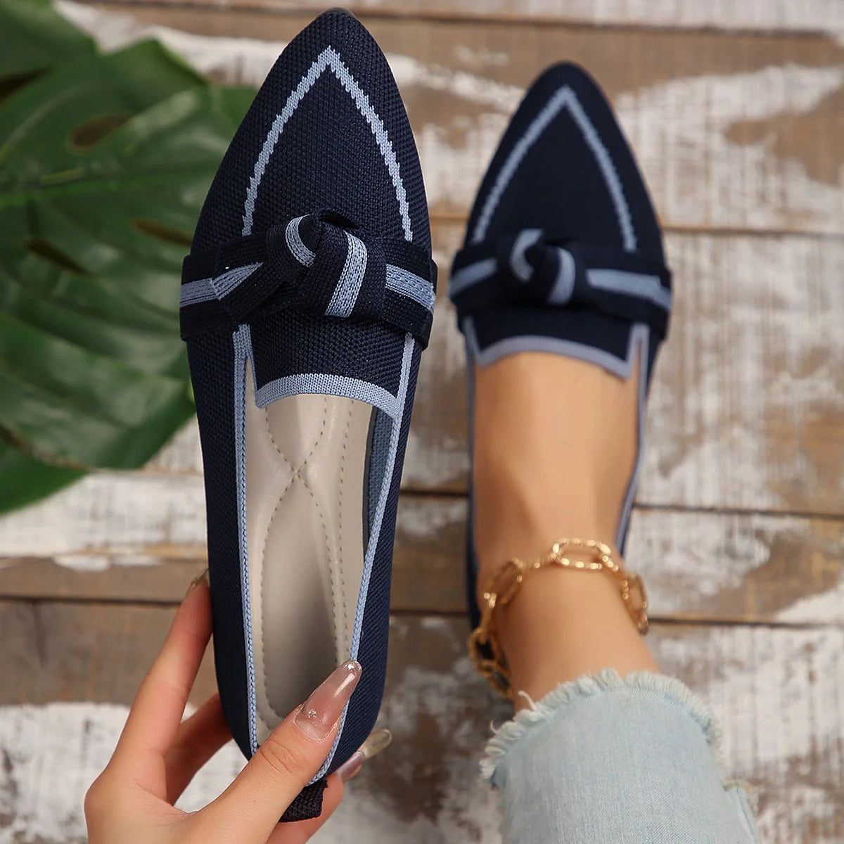 Navy Women's Pointed Toe Ballet Flats — Violet Slip-On Bow-Knot Knit - Outdoor Pose