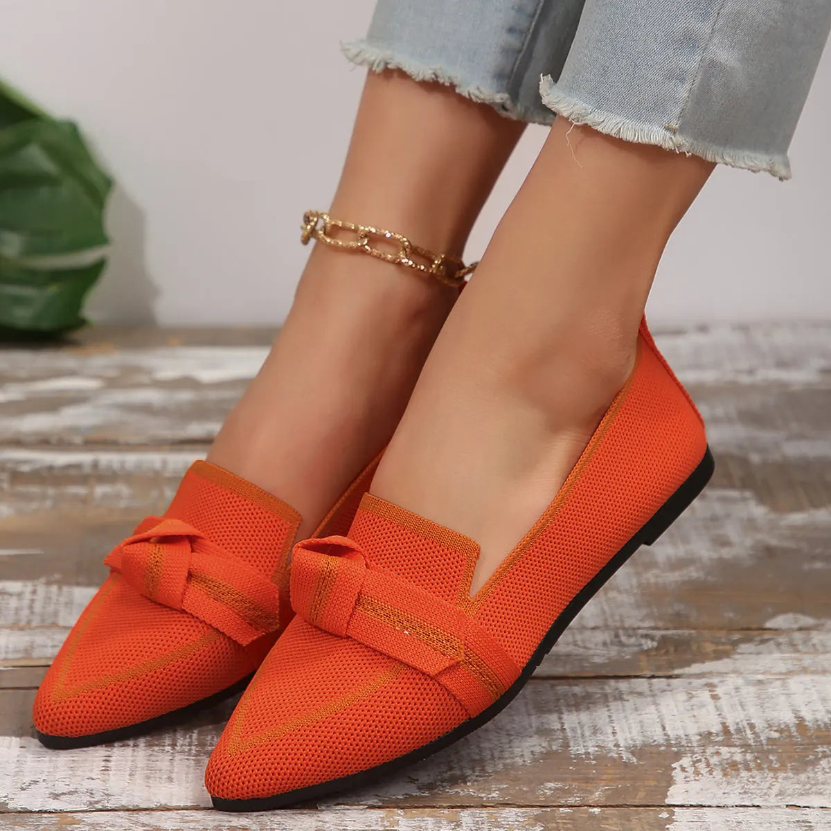 Orange Women's Pointed Toe Ballet Flats — Violet Slip-On Bow-Knot Knit - Front Worn Pose