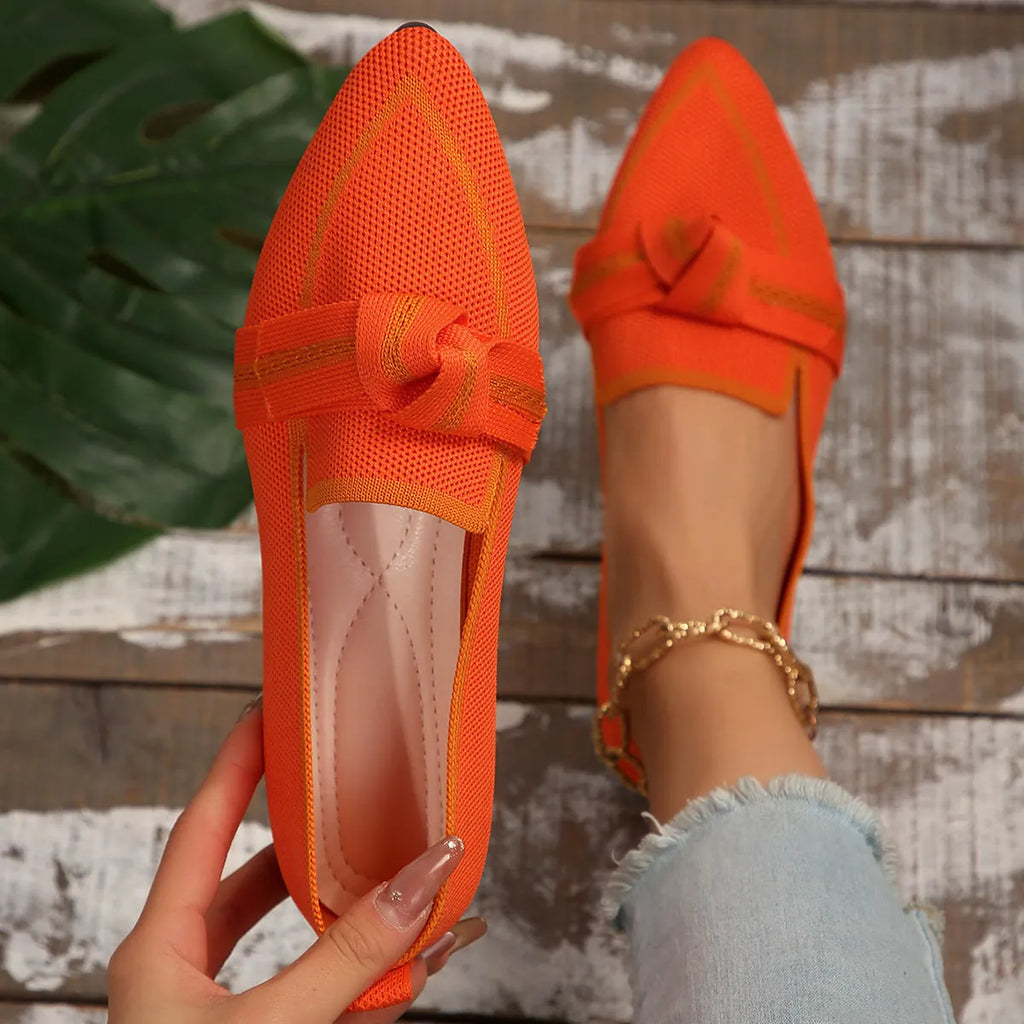 Orange Women's Pointed Toe Ballet Flats — Violet Slip-On Bow-Knot Knit - Hand Hold Detail