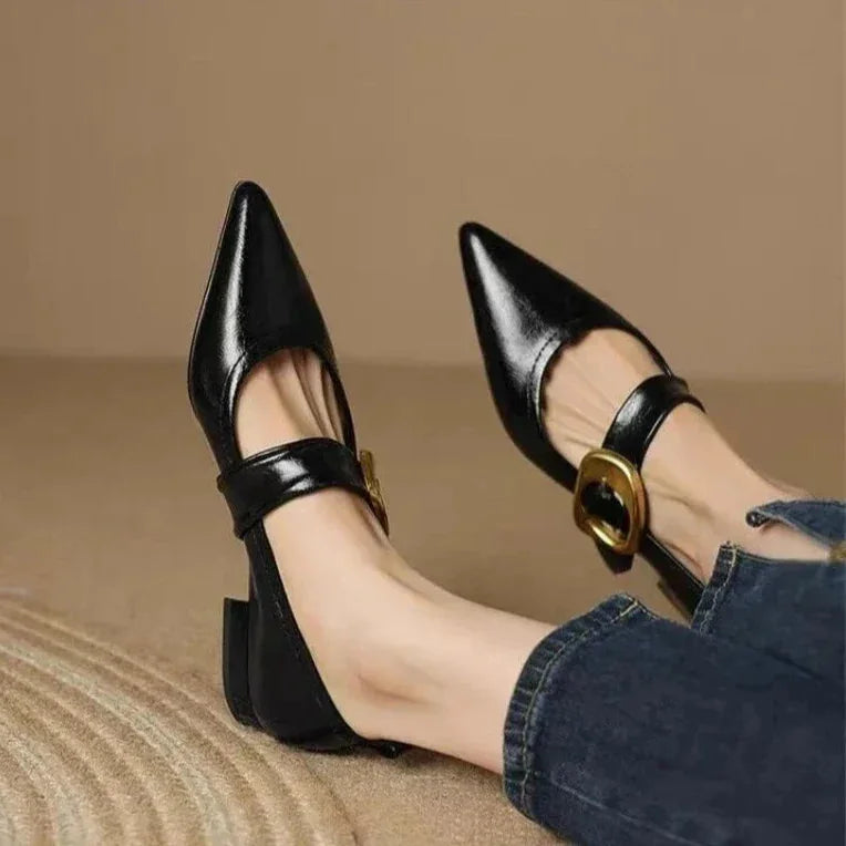 Black Women's Pointed Toe Ballet Flats — Tatiana Leather Buckle Mary - Back Heel Pose