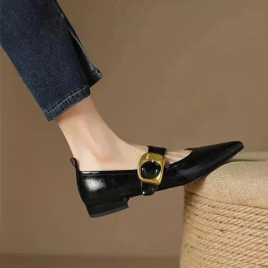 Black Women's Pointed Toe Ballet Flats — Tatiana Leather Buckle Mary - Close Up Buckle Detail