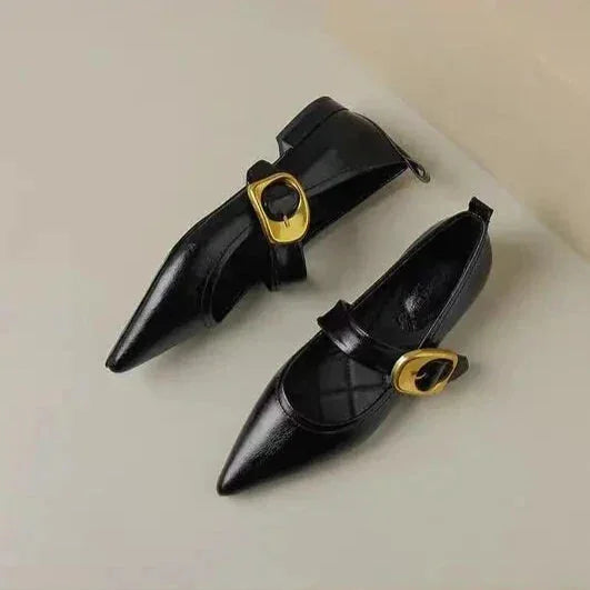 Black Women's Pointed Toe Ballet Flats — Tatiana Leather Buckle Mary - Flat Lay Pair