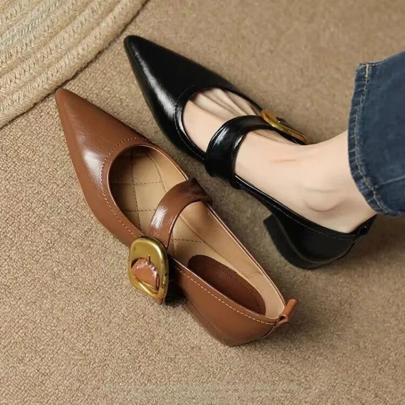 Brown Women's Pointed Toe Ballet Flats — Tatiana Leather Buckle Mary - Color Comparison Pose