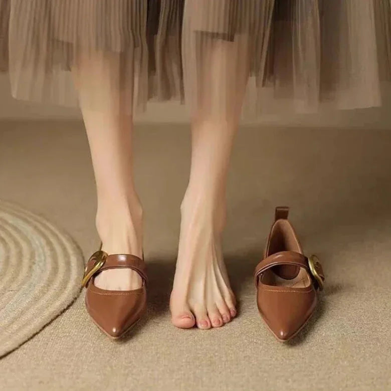 Brown Women's Pointed Toe Ballet Flats — Tatiana Leather Buckle Mary - Front Worn Pose