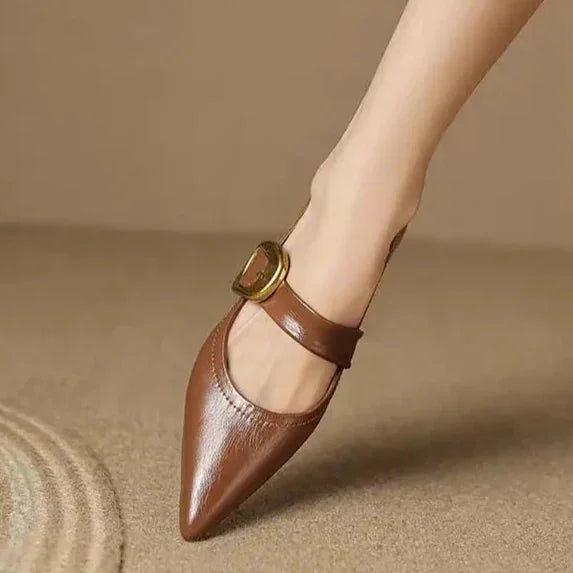 Brown Women's Pointed Toe Ballet Flats — Tatiana Leather Buckle Mary - Side Profile Detail