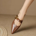 Brown Women's Pointed Toe Ballet Flats — Tatiana Leather Buckle Mary - Side Profile Detail