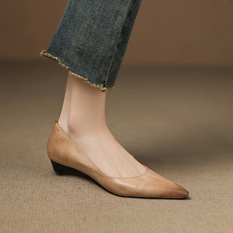 Apricot Women's Pointed Toe Leather Ballet Flats — Clara Everyday Low Wedge Slip-On - Close Up Side Angle