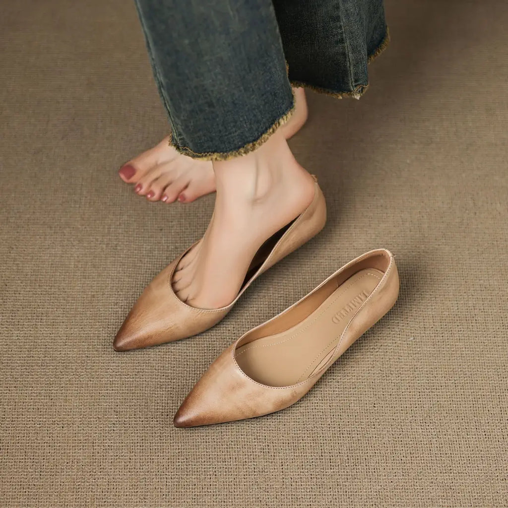 Apricot Women's Pointed Toe Leather Ballet Flats — Clara Everyday Low Wedge Slip-On - Feet Shoe Off