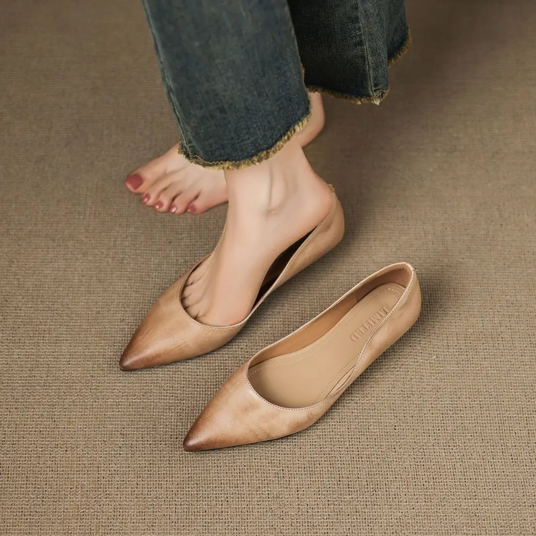 Apricot Women's Pointed Toe Leather Ballet Flats — Clara Everyday Low Wedge Slip-On - Feet Shoe Off