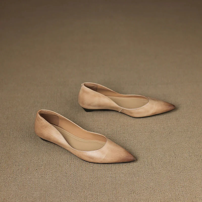 Apricot Women's Pointed Toe Leather Ballet Flats — Clara Everyday Low Wedge Slip-On - Flat Lay Two Shoes