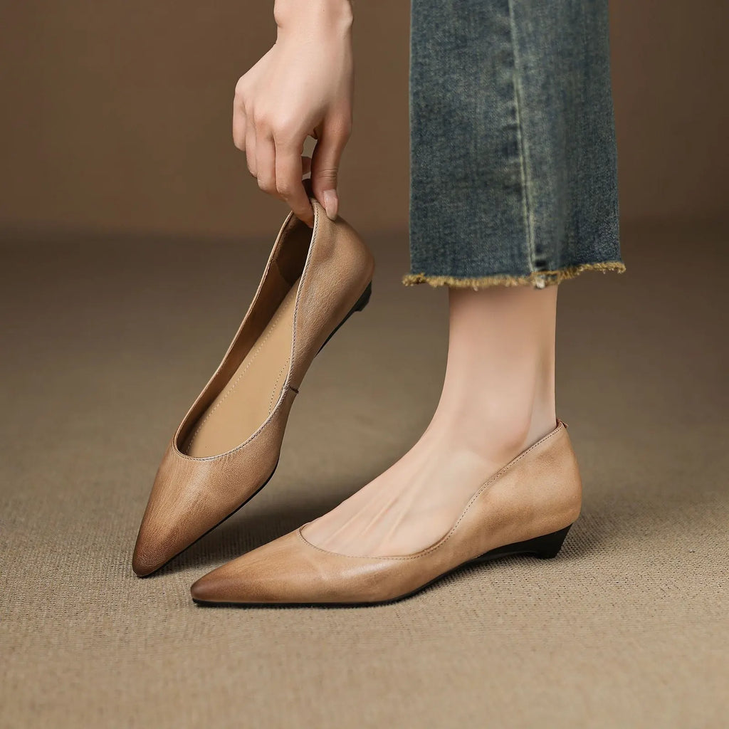 Apricot Women's Pointed Toe Leather Ballet Flats — Clara Everyday Low Wedge Slip-On - Hand Holding Shoe