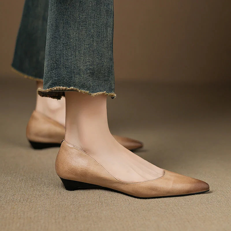Apricot Women's Pointed Toe Leather Ballet Flats — Clara Everyday Low Wedge Slip-On - Side Pose Standing