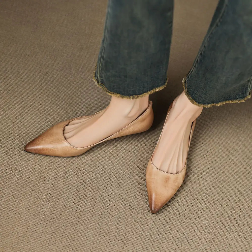 Apricot Women's Pointed Toe Leather Ballet Flats — Clara Everyday Low Wedge Slip-On - Walking View