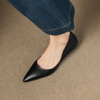 Black Women's Pointed Toe Leather Ballet Flats — Clara Everyday Low Wedge Slip-On - Close Up Single Shoe