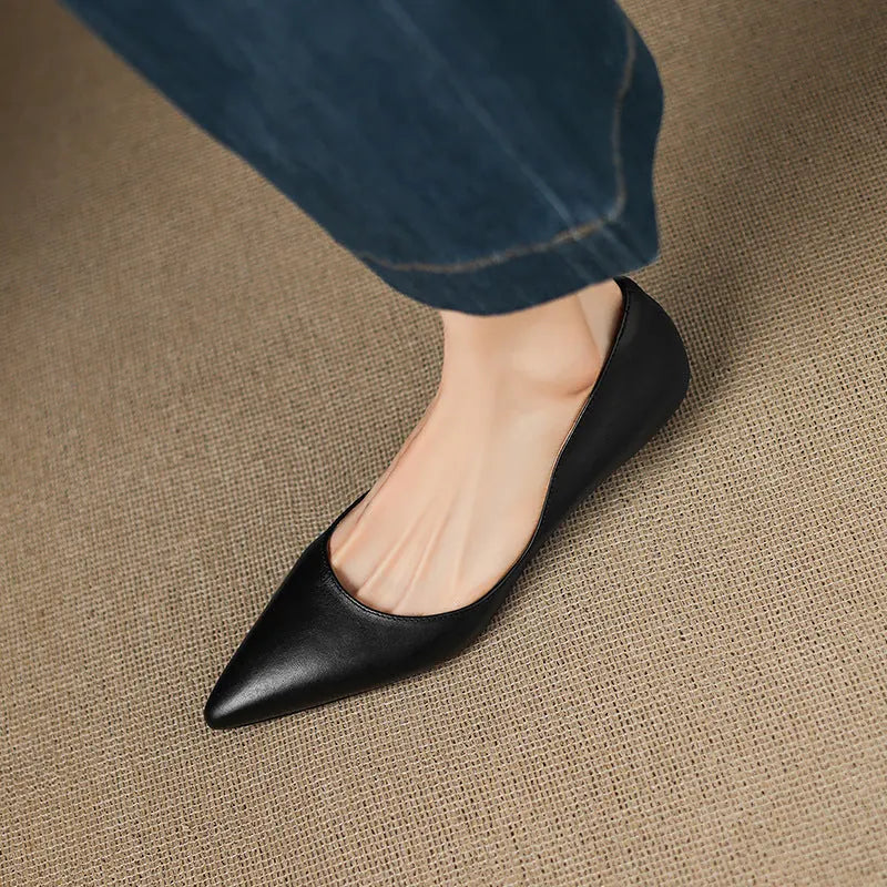 Black Women's Pointed Toe Leather Ballet Flats — Clara Everyday Low Wedge Slip-On - Close Up Single Shoe