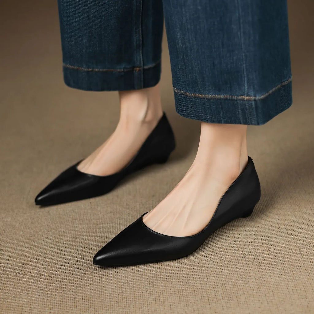 Black Women's Pointed Toe Leather Ballet Flats — Clara Everyday Low Wedge Slip-On - Close Up Standing