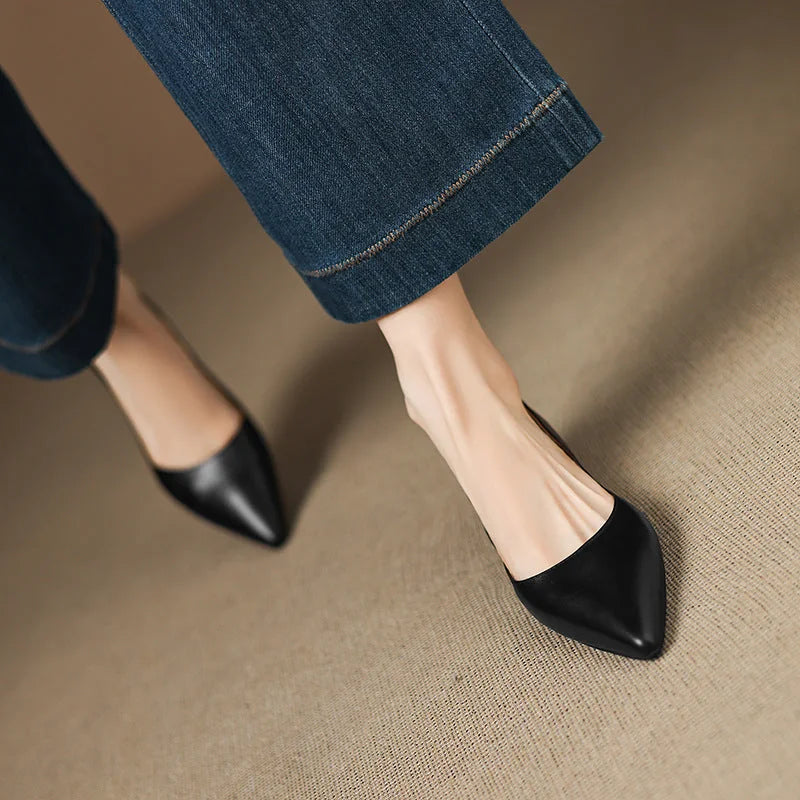 Black Women's Pointed Toe Leather Ballet Flats — Clara Everyday Low Wedge Slip-On - Close Up Top Down
