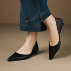 Black Women's Pointed Toe Leather Ballet Flats — Clara Everyday Low Wedge Slip-On - Close Up Walking